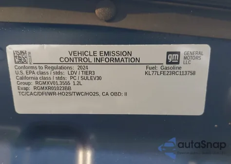 2024 Chevrolet Trax Fwd Sp z USA, uszkodzony, nr VIN KL77LFE23RC113758